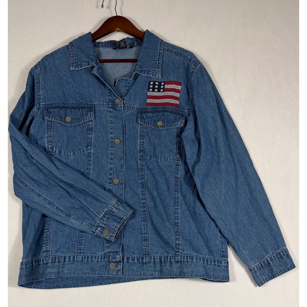 Vintage Denim & Co 90s American Flag Blue Cotton Denim Jacket Large Americana